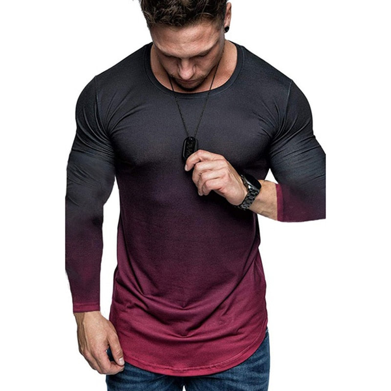 Camiseta Masculina Manga Comprida Cores Gradiente Moda Fitness.