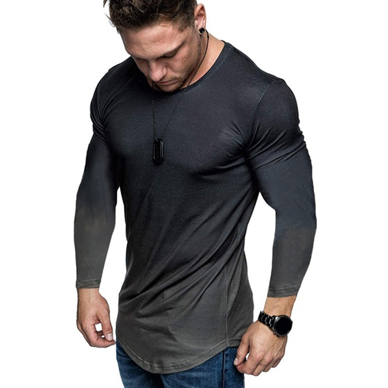 Camiseta Masculina Manga Comprida Cores Gradiente Moda Fitness.