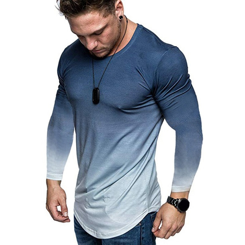 Camiseta Masculina Manga Comprida Cores Gradiente Moda Fitness.